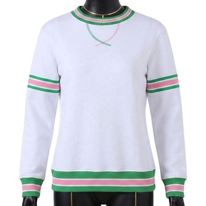 Pull blanc à col rond pour femme avec rayures vertes et roses, manches longues, tricoté, décontracté, pour l'automne, sweat-shirt à col rond pour sororité - Product Image 1