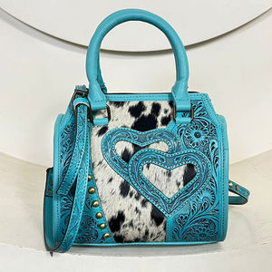 Premium Hand Tooled Cowhide Leather Large Speedy <b>Bag</b> Hair-on Hide Heart Duffel Cowgirl Fashionable <b>Travel</b> <b>Bag</b> for Women's - Product Image 3