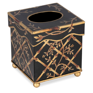 Elegante caja rectangular negra para pañuelos con adornos dorados y motivos florales blancos. Disponible a precios de mayorista. - Product Image 2