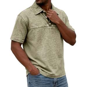 เสื้อโปโลผู้ชายสั่งทำโลโก้ขายส่ง ผ้าคอตตอน/โพลีเอสเตอร์ผสม ย้อมสีแบบแอซิดวอช ถักทอ 220 GSM เสื้อยืดโอเวอร์ไซส์ แขนสั้น สไตล์วินเทจ - Product Image 4