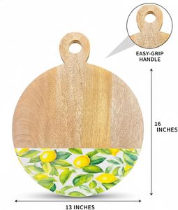 Tabla de cortar y servir de madera de mango con asa de fácil agarre – Tabla de cortar redonda de madera esmaltada con estampado de limón de 13x16 pulgadas. - Product Image 3