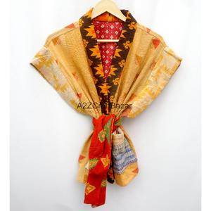 Chaqueta Reversible Vintage de Algodón Kantha para Mujer con Cuello Chal y Cierre de Cinturón, Estilo Primavera, Manga Corta - Product Image 1