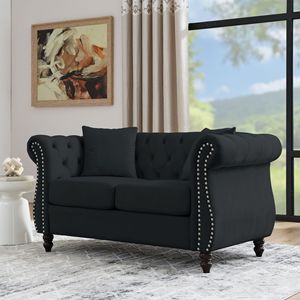 Divano Chesterfield a 2 Posti in Velluto Nero da 149 cm con Braccioli Arrotolati e Borchie Decorative per Soggiorno - Product Image 2