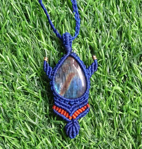 Handmade Macrame Flower Design Buddhism Style <b>Statement</b> <b>Necklace</b> Blue Flash Gemstone Adjustable Cord Minimalist Women's Jewelry - Product Image 2