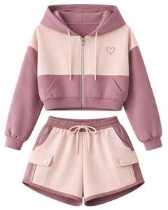 Ensemble décontracté deux pièces pour femme, rose mauve, avec sweat à capuche court zippé color block et short à imprimé cœurs et poches cargo, en polyester et coton, vente en gros - Product Image 1