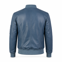 Blouson bomber classique en cuir bleu pour homme avec poche utilitaire sur la manche, col côtelé et ceinture