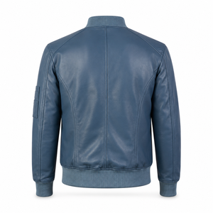 Chaqueta bomber MA-1 clásica de cuero azul para hombre con bolsillo utilitario en la manga, cuello y cinturilla acanalados - Product Image 2