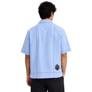 Camisa de Hombre con Cuello Cubano Azul Claro, Manga Corta, Diseño Bordado Negro, Algodón y Lino, Cierre de Botones, Estilo Casual de Verano para Playa - Product Image 2