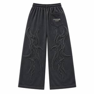 Men's Wide Leg <b>Fleece</b> <b>Pants</b> Embossed 3D Design Elastic Waist Drawstring Sporty Autumn Casual Trousers - Product Image 2