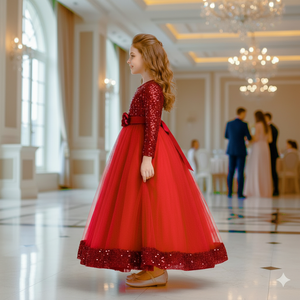 Robe de demoiselle d'honneur de luxe en velours rouge à sequins, broderie florale, pour enfants, idéale pour les fêtes d'anniversaire et les mariages, vente en gros - Product Image 3