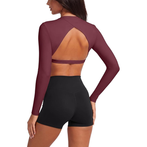 <b>Women</b> Criss Cross Neck Long Sleeve Solid Color Yoga Top With Cut-Out <b>Back</b> Hollow Out Design Activewear Shirt - Product Image 3