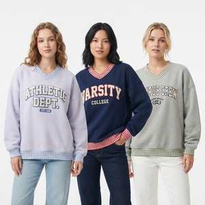 <b>Women's</b> Light Blue <b>V</b>-<b>Neck</b> Oversized <b>Sweatshirt</b> With Floral Lambda Chi Alpha Applique Full Sleeve Knitted Cotton Autumn Wear - Product Image 5