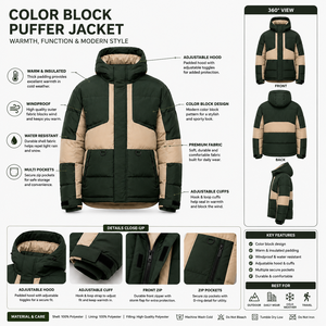 Manufacturer Men Winter Windproof Thick Puffer <b>Jacket</b> Hooded Color Block Insulated Coat Polyester/Nylon Custom Logo Embroidery - Product Image 5