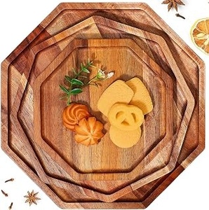 Juego de bandejas de madera natural con borde festoneado – Bandeja de desayuno de madera apilable con asas recortadas - Product Image 4