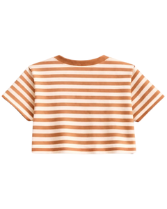 ชุดเซ็ตเสื้อครอปและกางเกงขาสั้นลายทางสีน้ำตาลขาวสำหรับผู้หญิง สไตล์ลำลองฤดูร้อน ชุดสองชิ้น เอวยางยืด ชุดลำลองใส่สบายๆ สตรีทแวร์ รับผลิตแบบ OEM - Product Image 5