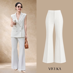 Pantalon tailleur blanc taille haute évasé pour femme, élégant, coupe large, formel, ALVA - Product Image 1