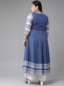 Kurta Anarkali bleu en ikat à col en V, en coton slub, grande taille pour femme, manches trois quarts, toucher doux, tenue traditionnelle - Product Image 4