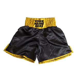 Pantalones Cortos de Boxeo Personalizados para Hombre, Negros, de Satén, con Cintura Amarilla, Elásticos de Spandex/Poliéster, de Secado Rápido, para Artes Marciales - Product Image 1