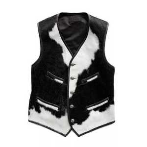 <b>Men's</b> Genuine Leather Cow Pattern Vest Casual Button Front <b>Shearling</b> Style Winter Breathable Eco-Friendly Outerwear - Product Image 2