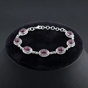 Bracelet à maillons en pierres précieuses ovales en grenat naturel, argent sterling 925, fait main, bijoux élégants vintage - Product Image 3