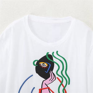 Women's White O-Neck Short Sleeve T-Shirt With Hand <b>Drawn</b> Abstract <b>Art</b> Embroidery Loose Fit Casual Style All Seasons Wear - Product Image 3