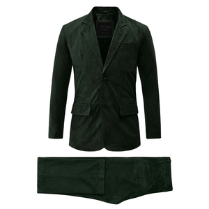 Costume deux pièces en daim vert olive pour homme, blazer à simple boutonnage et revers crantés, et pantalon assorti - Product Image 2