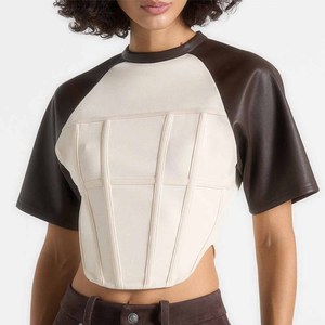 Women's PU Color Blocked Crop <b>Top</b> <b>Raglan</b> Sleeve Crew Neck Slim Fit Minimalist Style Short Sleeve Woven Fabric Breathable - Product Image 5