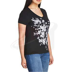 Camiseta de Manga Corta con Cuello en V y Estampado Floral 100% Negro, Estilo Casual, Corte Regular, para Primavera/Verano - Product Image 2