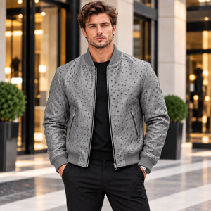 Chaqueta Bomber de Cuero para Hombre con Cierre de Cremallera, Bolsillos y Cuello Acanalado, Chaqueta Biker Moderna - Product Image 2