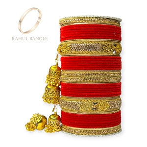 Luxury Punjabi Fashionable Bridal Bangle Set with <b>Red</b> Velvet Bangles Golden Kundan Work and Traditional Kalire Wholesale Price - Product Image 5