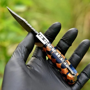 Couteau pliant en acier Damas Viking Art FH-10, manche en bois et résine, fait main, pointe tombante, 8,5 pouces, étui en cuir, DIY OEM, extérieur, EDC - Product Image 3