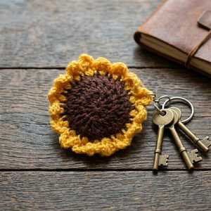 Porte-clés tournesol au crochet |   Breloque de sac florale |   Porte-clés tricoté - Fils de coton doux faits à la main, design traditionnel - Product Image 3