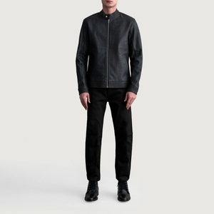 Men's Black Genuine Leather Moto <b>Jacket</b> Stand Collar Zipper Closure Regular Fit Autumn Wear - Product Image 1