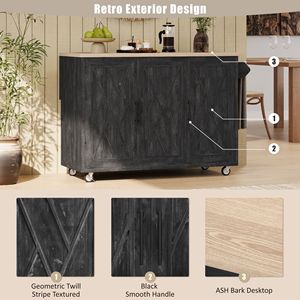 Isola da Cucina con Piano Ribaltabile da 130 cm, Design Geometrico a Righe Testurizzate, con Ruote in Stile Rustico e Spazio Interno - Product Image 6