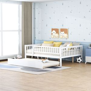 Letto a giorno in legno bianco a grandezza naturale per bambini con letto estraibile e sponde di sicurezza - Product Image 1