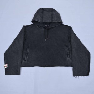 Hoodies courts pour femmes, couleur unie, manches longues, en coton tricoté, style décontracté pour l'automne, avec poches, finition délavée - Product Image 1