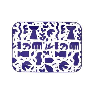 Rectangular Metal <b>Serving</b> Plate With Floral Pattern Color Enamel Bohemian Design <b>Gold</b> Trim And Cafes - Product Image 1