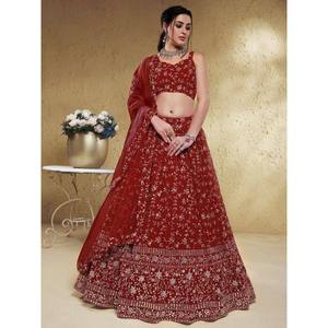 Red Embroidered Georgette <b>Wedding</b> Lehenga Choli for Women - Product Image 1