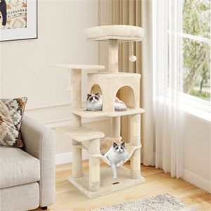 Árbol para Gatos de 44 Pulgadas, Color Beige, con Múltiples Niveles, Plataforma Superior Espaciosa, 2 Puertas, Hamaca para Gatos de Interior - Product Image 6