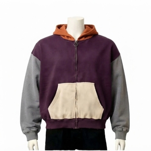 Sudadera con capucha y cremallera para hombre, diseño color block, informal, con bolsillo de parche, morado, gris, naranja, precio al por mayor - Product Image 1