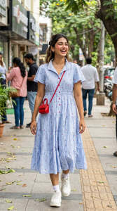 Robe midi imprimée bleu clair avec col, manches courtes, coupe trapèze, taille élastique, style décontracté d'été, tissu tissé - Product Image 2