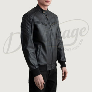Blouson Bomber Homme Premium en Cuir Véritable Noir, Coupe Slim, Épaules Matelassées, Col Montant, Poignets Côtelés, Vêtement d'extérieur Décontracté - Product Image 4