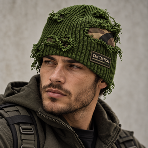 Sam Tactical <b>Green</b> Ripped Beanie <b>Hat</b> Men's Outdoor Winter Knit Cap Camouflage Patch Hand Knitted Casual Style 56-58cm - Product Image 2