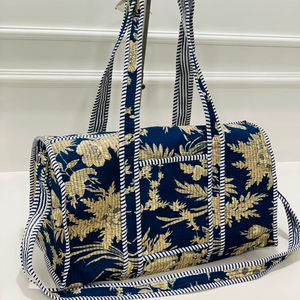 Navy Blue Leaf Printed Cotton Luxury Travel Duffle <b>Bag</b> Large Capacity Weekend Shoulder Handbag with Front Pocket Crossbody Strap - Product Image 1