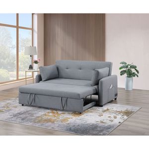 Canapé-lit convertible Radella 69"W en lin gris avec ports USB, prises de courant, poches et oreillers capitonnés – Confort optimal - Product Image 1