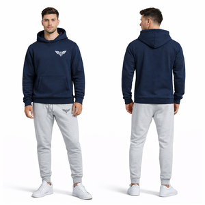 ชุดเซ็ตฮู้ดดี้สีกรมท่าและกางเกงจ็อกเกอร์สีเทาสำหรับผู้ชาย รุ่นคัสตอม 2026 ชุดลำลองแบบสวมใส่สบาย เสื้อสเวตเชิ้ตและกางเกงขายาว รับสกรีนโลโก้ ชุดกีฬาแบบ OEM - Product Image 1