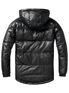<b>Men</b>’s <b>Hooded</b> Black Leather Puffer <b>Jacket</b> Genuine Leather Quilted Winter <b>Jacket</b> - Product Image 2