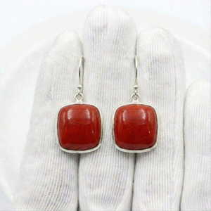 Handmade <b>Solid</b> 925 Sterling <b>Silver</b> Gemstone <b>Earrings</b> Bezel Setting Red Coral Square Boho Dangle Drop <b>Earrings</b> For Women - Product Image 2