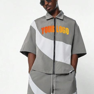 Conjunto de Camisa y Pantalones Cortos con Cierre de Cremallera para Hombre, Diseño Color Block, Secado Rápido, Poliéster, Estilo Urbano, Ropa de Verano, Logotipo Personalizado, Estampado Frontal - Product Image 6