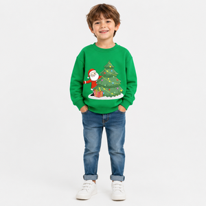 Pull-over en tricot pour enfants, motif de Noël, col rond, imprimé vert sapin et Père Noël, manches longues, 100% coton, coupe-vent, sweat-shirt décontracté pour l'hiver - Product Image 1